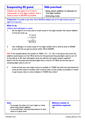 Problem-Solving Investigation: Column addition (4- and 5-digit numbers). (Year 5 Add & Sub)