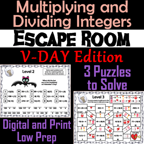 Multiplying and Dividing Integers Game: Escape Room Valentines Day Math Activity