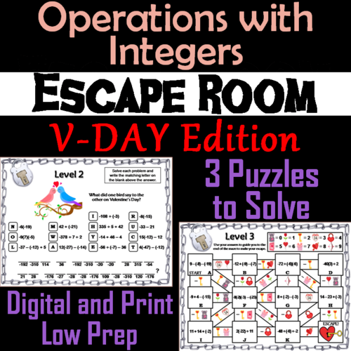 Operations with Integers Game: Escape Room Valentine's Day Math Activity