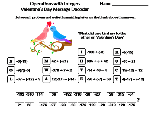 Operations with Integers Valentine's Day Math Activity: Message Decoder