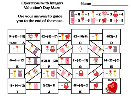 Operations with Integers Activity: Valentine's Day Math Maze