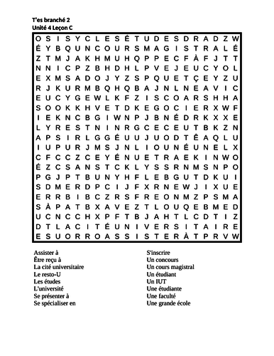 T Es Branche 2 Unite 4 Lecon C Wordsearch Teaching Resources