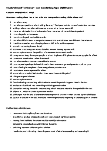 AQA Language Paper 1 Question 3 Structure Terminology Sheet
