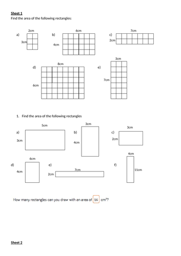 area of regular shapes - worksheets and challenges - Y5 & Y6