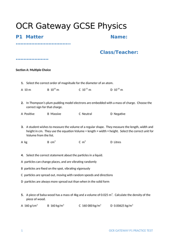 Matter, Particle Model and Gas Pressure Test (OCR Gateway P1, but also for other exam boards)