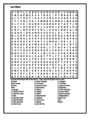 Fêtes (Holidays in French) Wordsearch