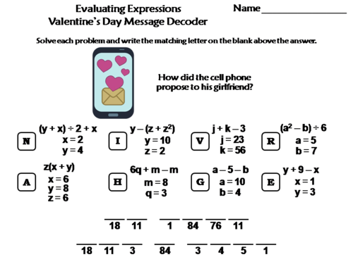 Evaluating Algebraic Expressions Valentine's Day Math Activity: Message Decoder
