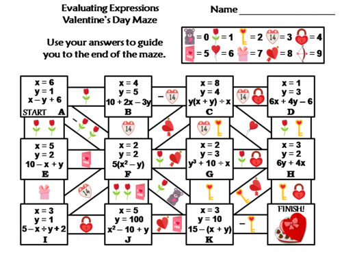 Evaluating Algebraic Expressions Activity: Valentine's Day Math Maze