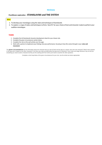 Character analysis sheet using Stanislavski