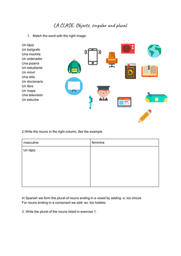 Classroom Objects Singular And Plural Worksheet And Memory Game