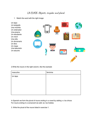 Classroom objects. Singular and plural. Worksheet and memory game