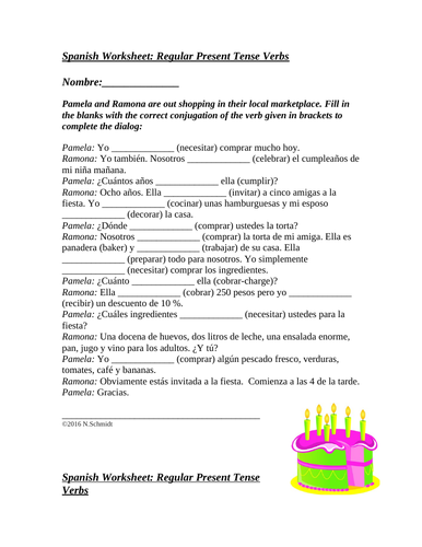 Spanish Present Tense Verbs Worksheet (Regular Verbs)