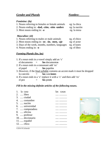 Spanish Gender and Plurals Worksheet : El / La / Los / Las