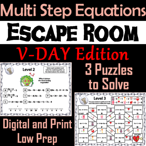 Solving Multi Step Equations Game: Escape Room Valentine's Day Math Activity