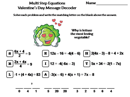 Solving Multi Step Equations Valentine's Day Math Activity: Message Decoder
