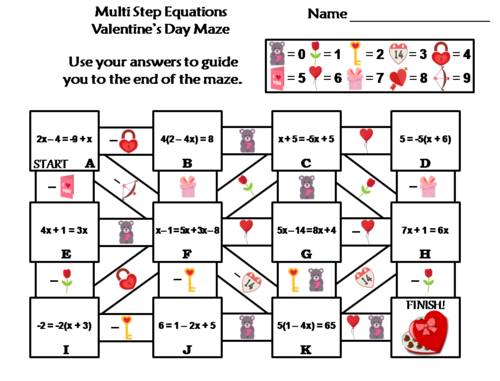 Solving Multi Step Equations Activity: Valentine's Day Math Maze