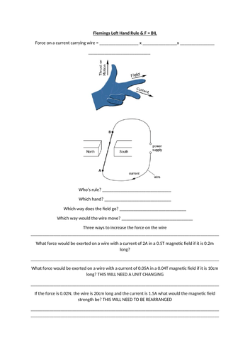 Flemings Left Hand Rule and BIL AQA 9-1 Worksheet