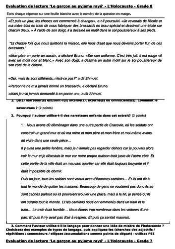 Evaluation lecture & écriture classe mixte de Juniors français première langue - garçon pyjama rayé