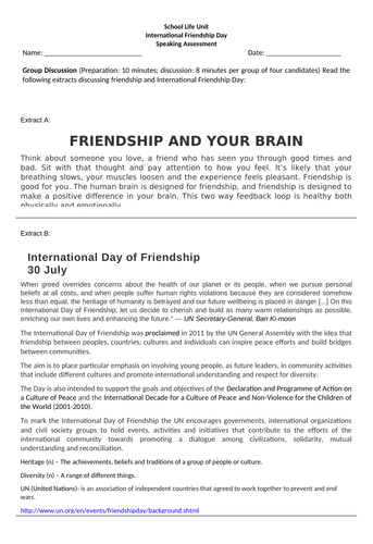 International Friendship Day - Speaking Assessment