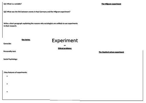 Research methods- experiments worksheet