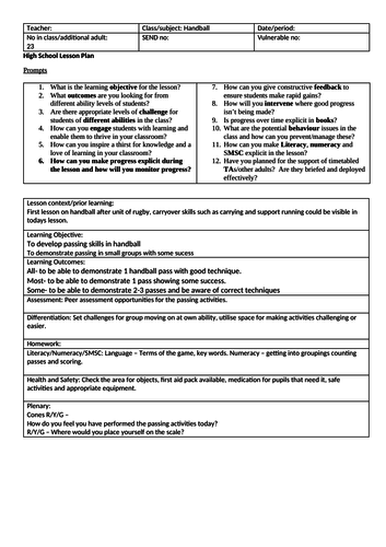 Handball Passing full lesson plan