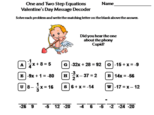 Solving One and Two Step Equations Valentine's Day Math Activity Message Decoder
