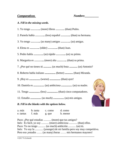 Comparativos - Worksheet on Spanish Comparatives (mejor, peor, tanto, tan etc.)