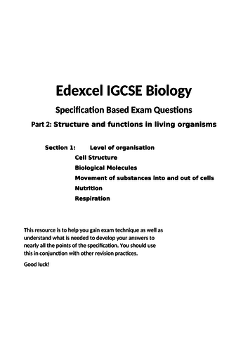 9-1 Edexcel IGCSE Biology Specification Questions Part 2 section 1
