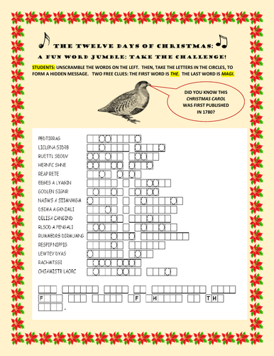 THE TWELVE DAYS OF CHRISTMAS : A FUN JUMBLE ACTIVITY