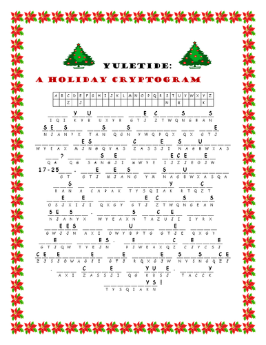 YULETIDE CRYPTOGRAM W/ ANSWER KEY