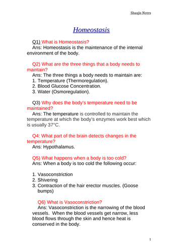 GCSE Homeostasis Questions/Answers