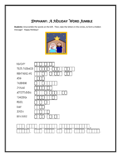 EPIPHANY: A HOLIDAY WORD JUMBLE ACTIVITY W/ ANSWER KEY