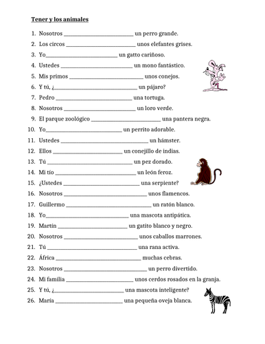 Tener y los Animales Spanish Verb Worksheet