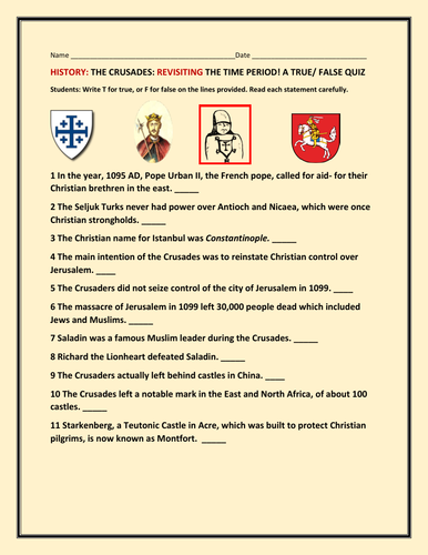 THE CRUSADES: A HISTORY QUIZ: A HISTORY TRUE/FALSE