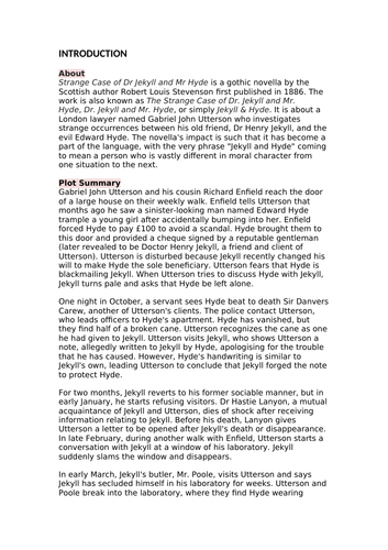 Dr Jekyl and Mr Hyde Novel Study