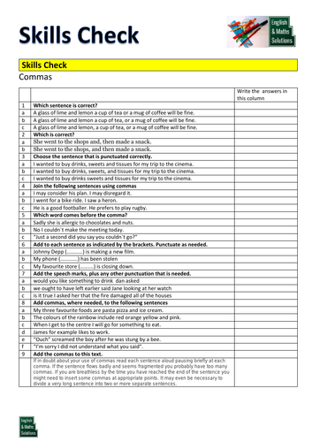 GCSE English Diagnostic Skills Check for Commas