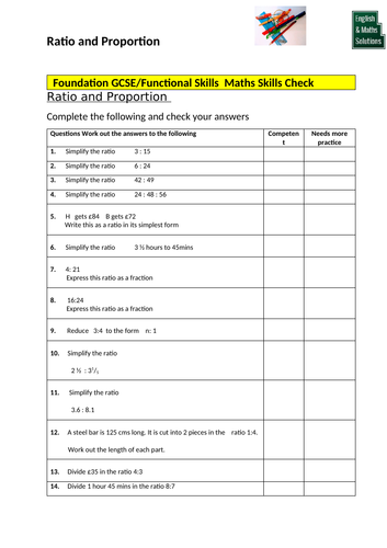 GCSE  Maths Diagnostic Skills Check for Ratio and Proportion