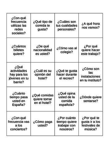 Spanish Role Play Revision Game