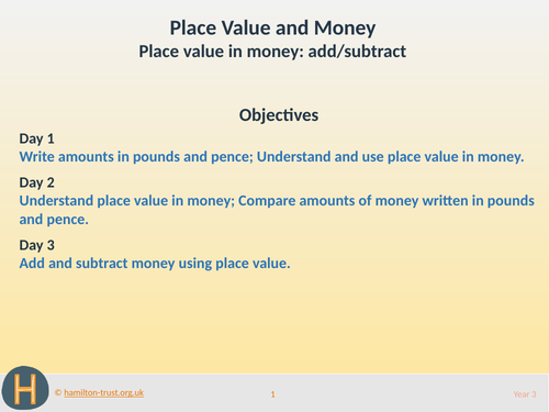 Teaching Presentation: Place value in money: add/subtract. (Year 3 Place Value and Money)