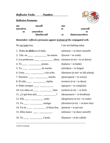 Spanish Reflexive Verbs Worksheet Los Verbos Reflexivos Differentiated Teaching Resources