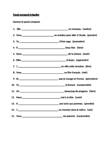 oxygène Avec dautres groupes salé passe compose irregular verbs quiz ...