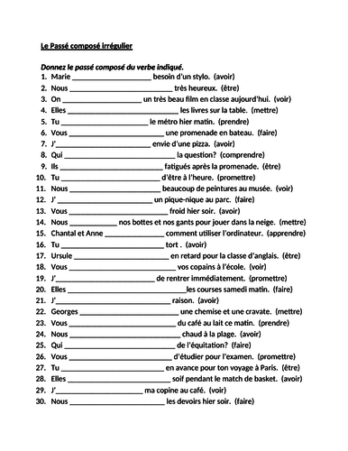 Passé Composé French Irregular Verbs Worksheet 1