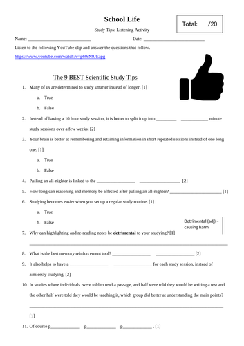 English: Listening Task Based on Healthy Study Tips