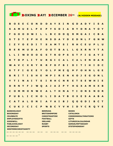 BOXING DAY: A WORD SEARCH PUZZLE WITH HIDDEN MESSAGE
