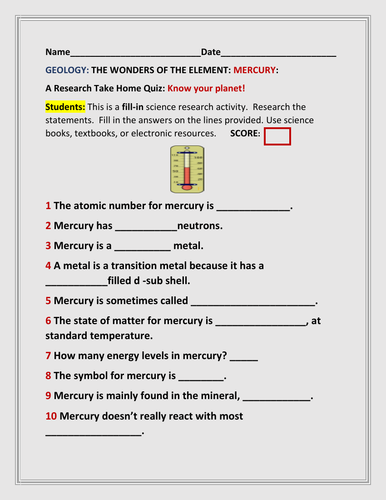 GEOLOGY: THE ELEMENT MERCURY: A FILL-IN QUIZ