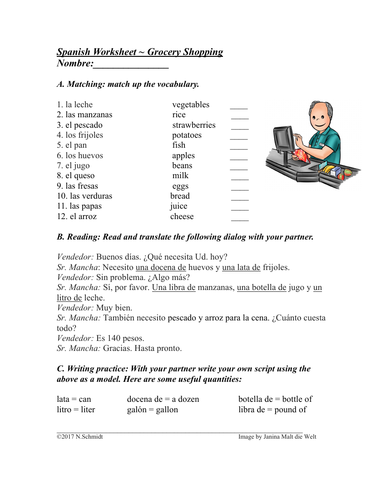 Comida Y El Supermercado Grocery Shopping Spanish Worksheet Sub Plan Teaching Resources