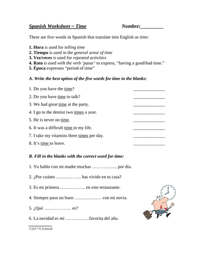 Time in Spanish Worksheet: La Hora, Tiempo, Vez, Rato vs. Época