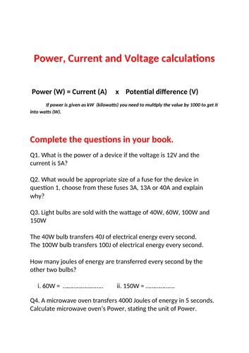 Power, current and voltage calculations for GCSE physics