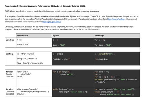 Pseudocode, Python and Javascript Reference for OCR A Level Computer Science (H446)