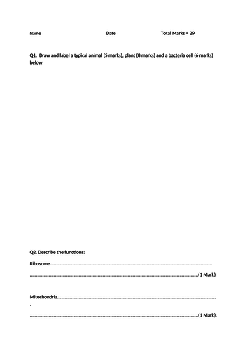 Quick test with markscheme for AQA GCSE B1 Cell biology